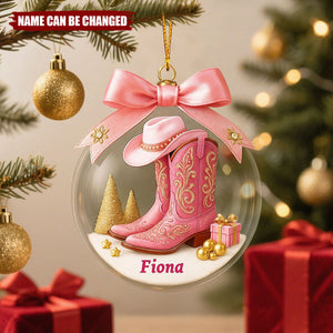 Personalized Cowgirl Boots Christmas Ornament, Western Pink Boot Ornament