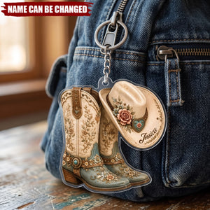 Cowgirl Boot & Western Hat - Personalized Acrylic Keychain