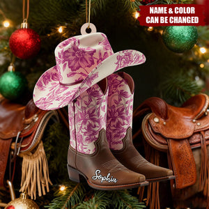 Western Toile de Jouy-Personalized Cowboy Boots Hat Acrylic Ornament