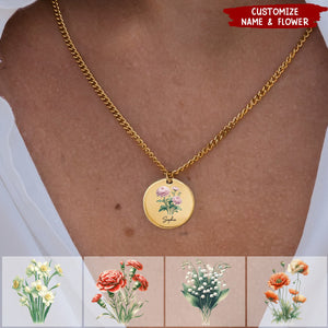 Custom Name Birth Flower Personalized Coin Necklace