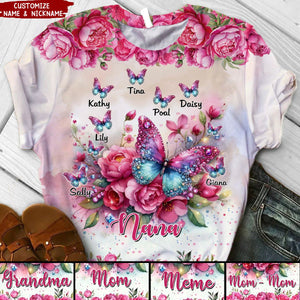Pink Glitter Butterfly Grandma With Peony Flowers Personalized 3D T-shirt