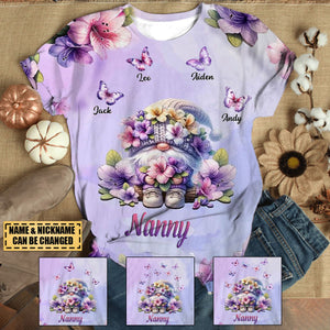 Grandma Dwarf With Purple Flowers And Butterflies Personalized 3D T-Shirt