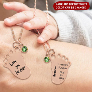 Personalized Engraved Baby Foot Pendant Necklace with Birth Announcement and Birthstone Birthday Baby Shower Gift for Kid New Mom