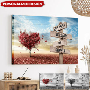 Personalized Heart Tree Couple Canvas Name Sign, Gift for Husband and Wife Bedroom Wall Art
