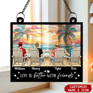 Sunset At The Beach Besties Forever - Personalized Window Hanging Suncatcher Ornament