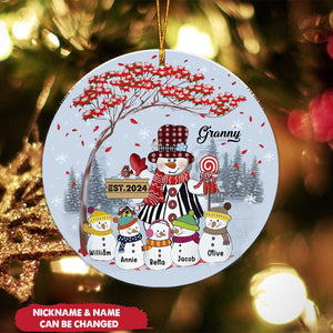 Grandma Snowman With Little Snowman Kids Under Tree Personalized Acrylic Ornament