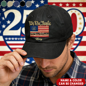 Stars And Stripes Faux Embroidery Effect We The People - Personalized Vintage Washed Denim Cap