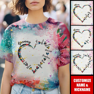 Floral Pattern Heart Grandma, Mom - Personalized 3D T-shirt