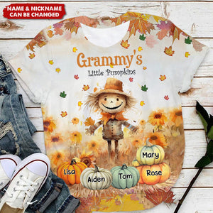 Grandma's Little Pumpkins Scarecrow Standing With Pumpkins Around Personalized 3D T-shirt