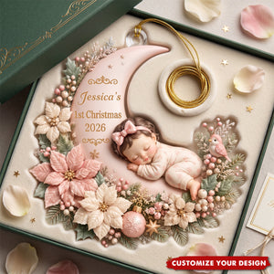 First Christmas Baby Boy Girl on Floral Moon - Personalized Acrylic Ornament - Christmas Gift for New Mom, Dad