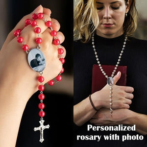 Personalized Rosary Beads Cross Necklace with Photo Memorial Gift for Women