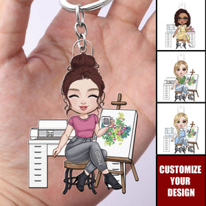 Cartoon Girl Love Sewing - Personalized Acrylic Keychain