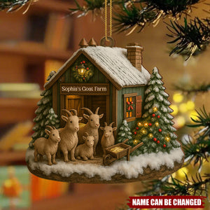 Goat Farm, Goats and Christmas Tree, Custom Wood Ornament