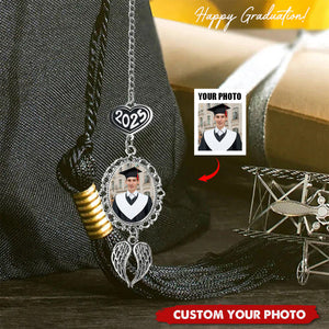 Personalized Graduation Tassel Photo Charm With Angel Wings, Grad Cap Decoration