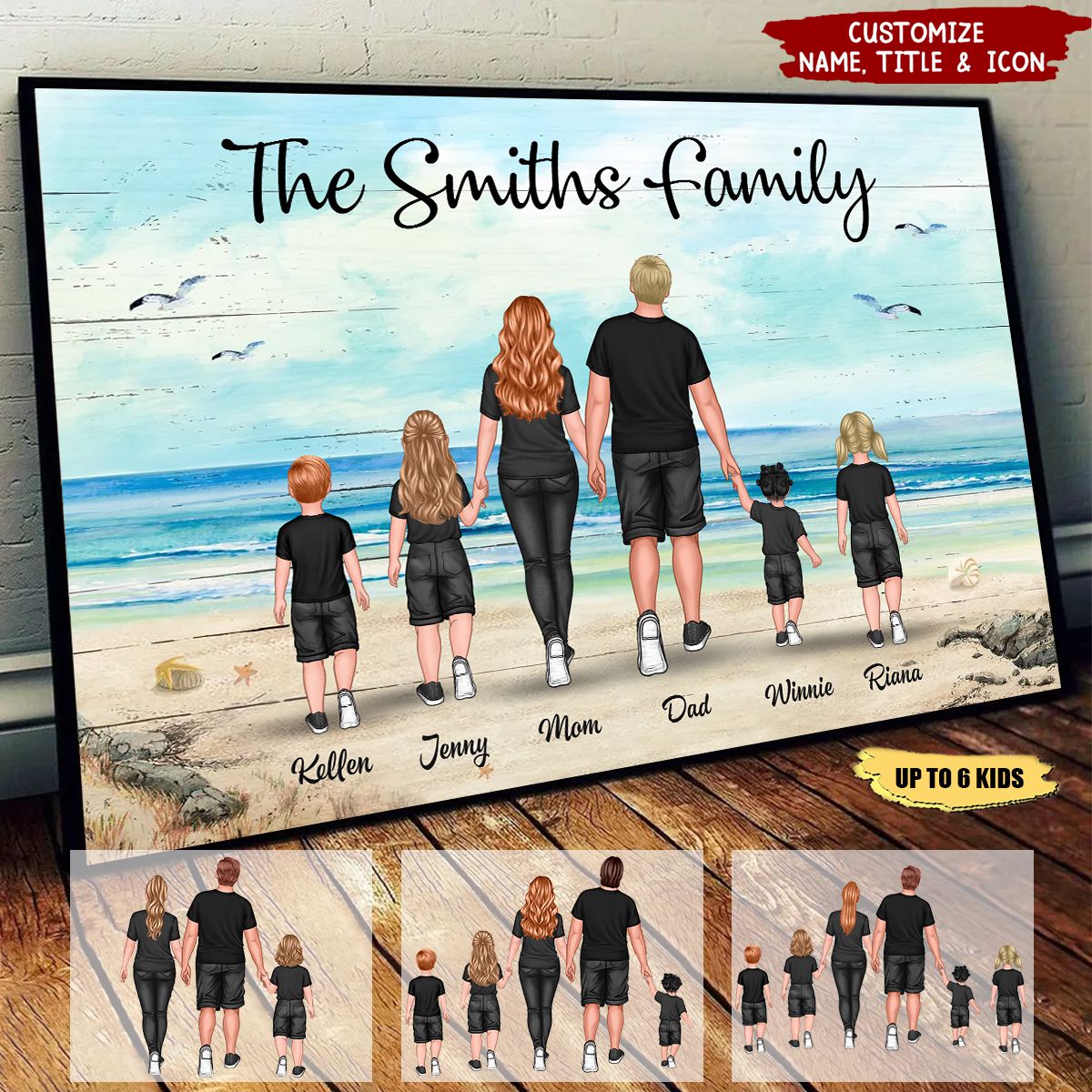 Family Walking At Beach Retro Vintage Personalized Horizontal Poster