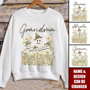 Cute Ghost Grandma And Kids In Wildflowers Spooky Fall Personalized Sweatshirt