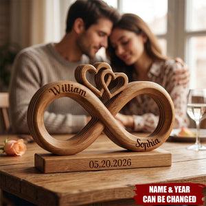 Personalized Infinity Heart Wooden Block: Custom Couple Names Anniversary Desk Sign