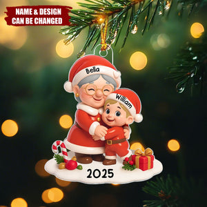 Santa Grandma Hugging Grandkid 3D Effect Personalized Acrylic Ornament