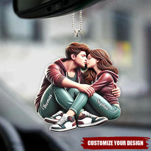 Couple Sitting Kissing - Personalized Acrylic Car Ornament, Gift For Couple, For Him, For Her