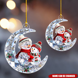 3D Crystal Effect Grandma Grandkid Snowman On Moon - Personalized Acrylic Ornament