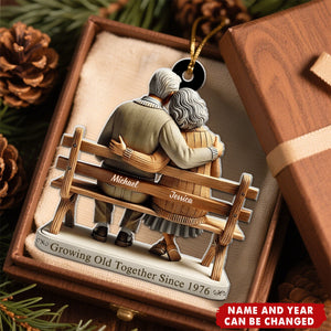 Old Couple Sitting On Bench Growing Old Together Since - Personalized Christmas Acrylic Ornament