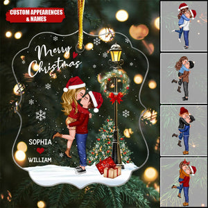 Winter Couple Hugging Kissing Snow Personalized Acrylic Ornament