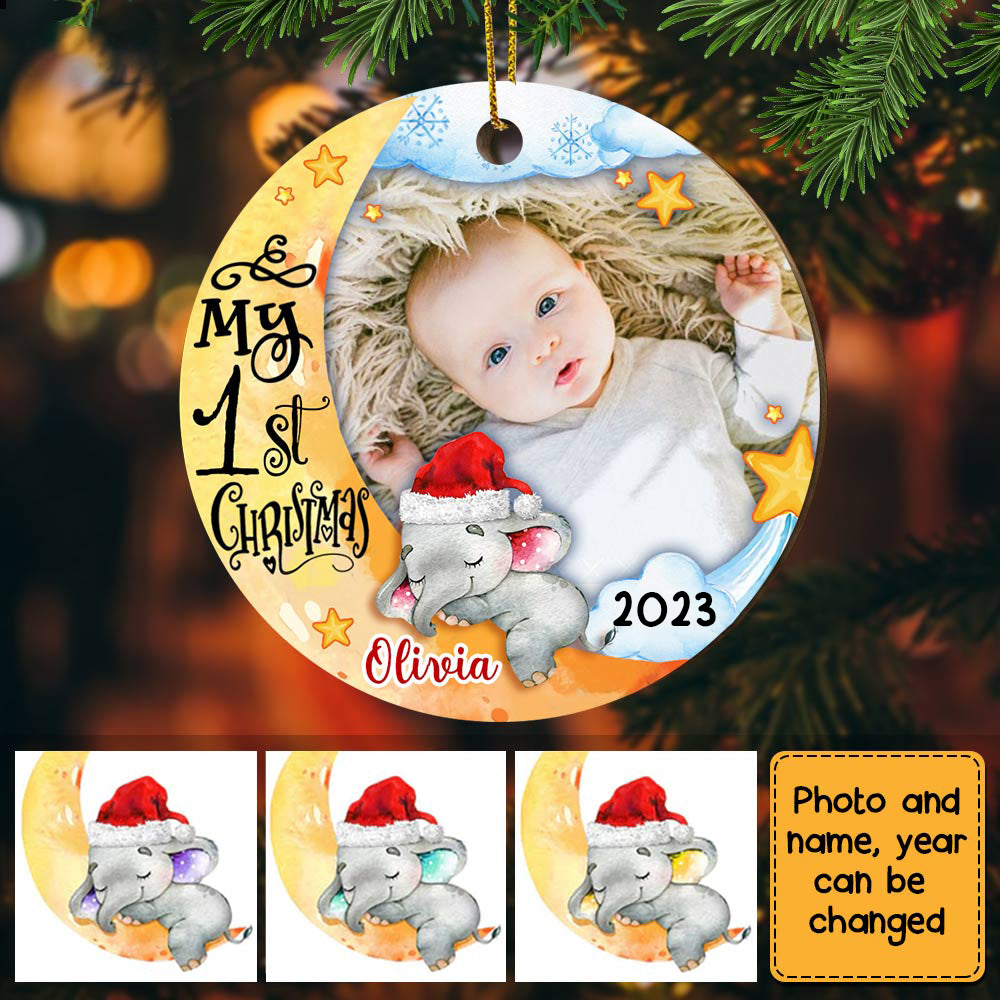 Baby's First Christmas Elephant Photo Circle Ornament