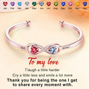 Personalized Infinity Double Heart Birthstones Cuff Bangle with Engraved Name