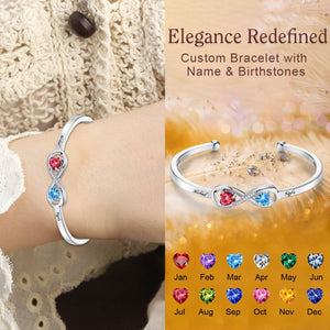Personalized Infinity Double Heart Birthstones Cuff Bangle with Engraved Name