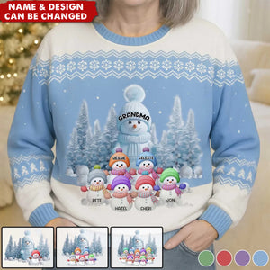 Christmas Snowman Grandma With Her Kids - Personalized Wool Sweater