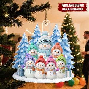 Snowman Grandma And Grandkids on Snow - Personalized Christmas Acrylic Ornament