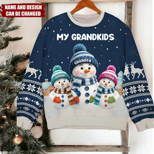 Cute Snowman Family In Snowy Village - Personalized Sweatshirt, Gift for Grandma & Grandpa