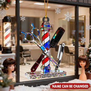 Barber Tool Art Figurine Stain Glass Crystal Effect - Personalized Christmas Acrylic Ornament