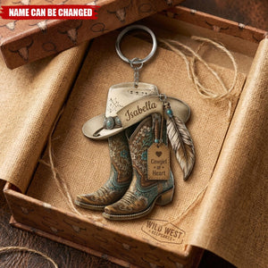 Personalized Cowgirl Boots Acrylic Keychain, Custom Western Hat Keychain, Cowgirl Heart Keyring, Cowboy Keepsake Gift