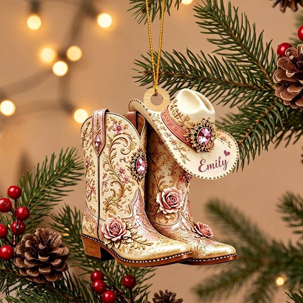 Personalized Cowgirl Boots Acrylic Custom Shape Ornament, Custom Western Hat Ornament, Cowgirl Heart Keepsake, Cowboy Christmas Gift
