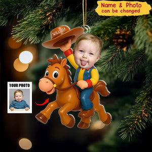 Personalized Christmas Photo Acrylic Ornament - Little Cowboy Adventure Time