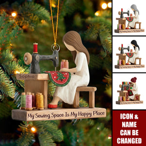 Personalized Sewing Girl Christmas Snow Ornament, Sewing Machine Ornament, Seamstress Gift