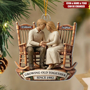 Couple Sitting On Rocking Chairs Faux Wood - Personalized Acrylic Ornament - Heartwarming Christmas Gift