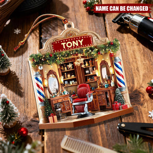 Personalized Barber Shop Acrylic Ornament, Barber Salon Christmas Decor Gift Barber Lovers