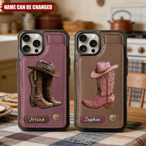 Western Spirit - Cowgirl Boots Personalized Leather Wallet Phone Case