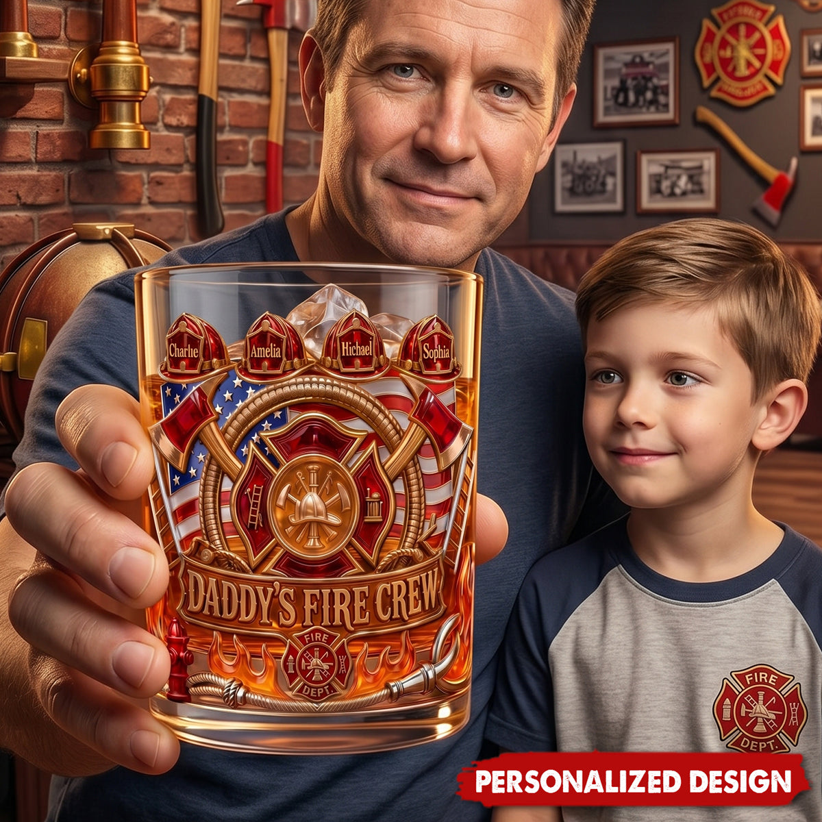 Firefighter Daddy's Crew - Personalized Whiskey Glass, Father's Day Gift For Dad