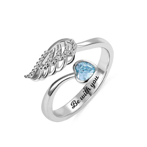 Angel Wing Ring With Birthstone Feather Memorial Personalized Ring Sterling Silver