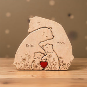 Hugging Bear Family Floral Version - Personalized Wooden Bear Family Puzzle