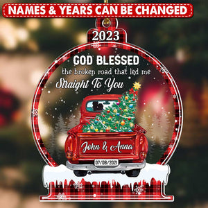Sparkling Christmas Couple Truck, God Blessed The Broken Road Snowball Ornament