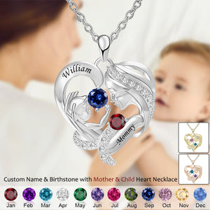 Mother With Child Heart Pendant Custom Birthstone Name Personalized Necklace