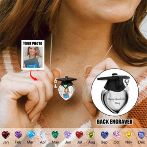 Graduation Cap Custom Photo With Engraved Text Birthstone Necklace, Gift For High School College Graduates