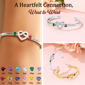 Love Knot Heart Birthstone Cuff Personalized Bangle, Gift For Mom/Grandma