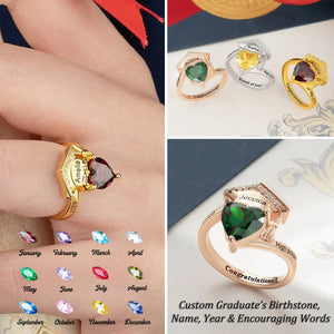Graduation Cap Heart Birthstone Engraved Name Text Personalized Ring, Gift for Women Graduates