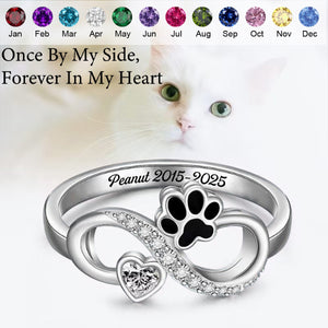 Cat Dog Paw Print Memorial Infinity Love Custom Birthstone Ring