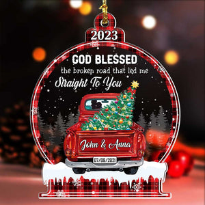 Sparkling Christmas Couple Truck, God Blessed The Broken Road Snowball Ornament